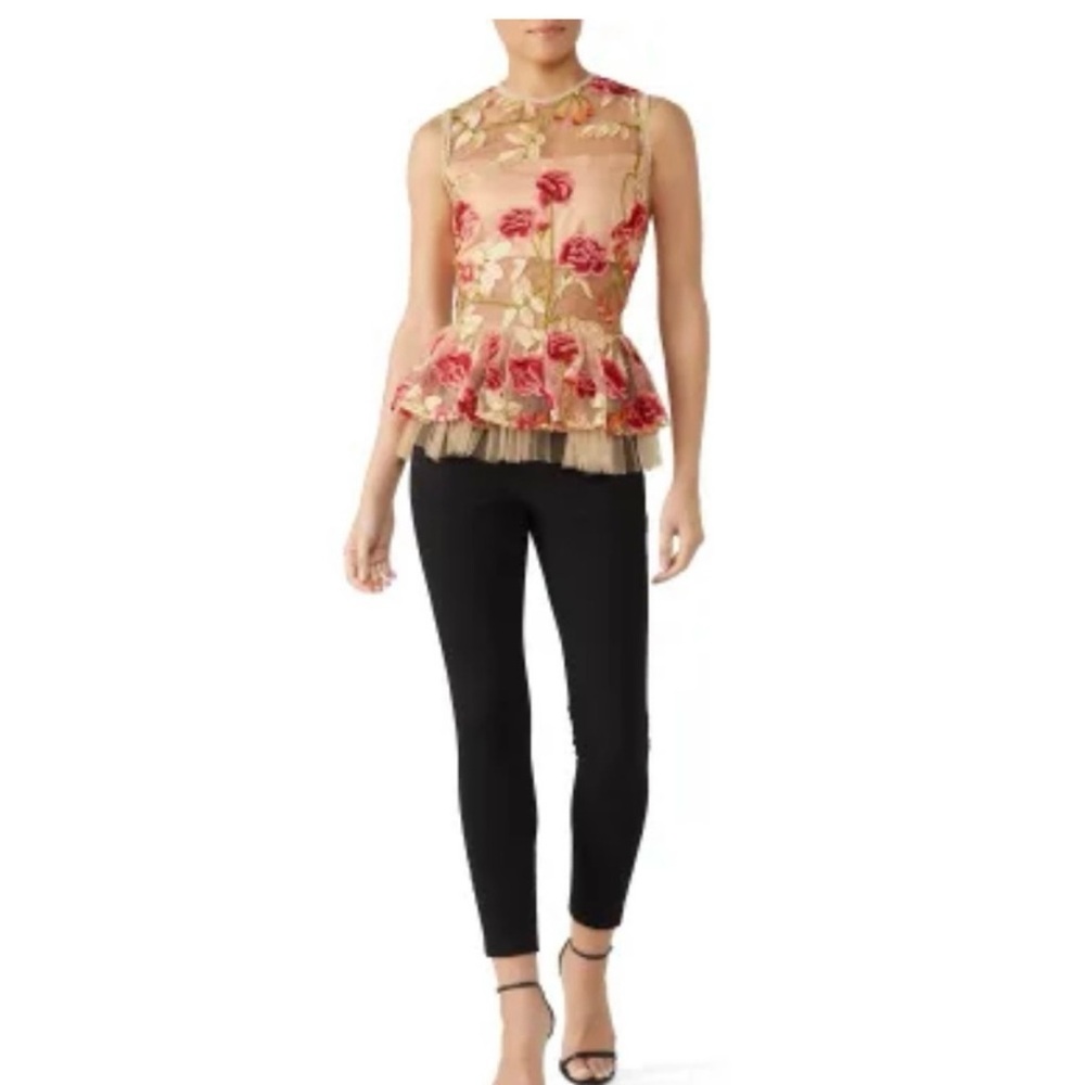 VONE Embroidered Floral Sleeveless Sheer Lelan Peplum Blouse—SZ. 6